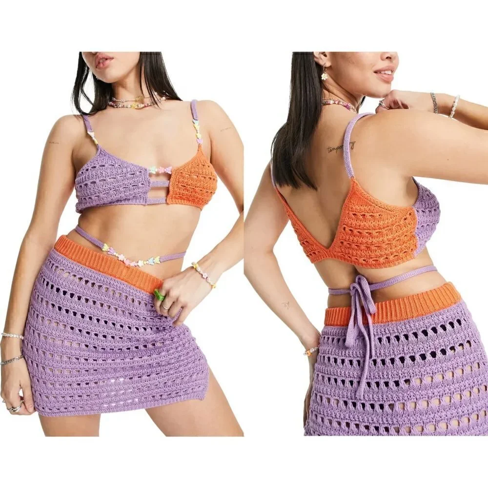 ASOS Colorblock Beaded Crochet Bralette Size 6 NWT - Picture 2 of 7